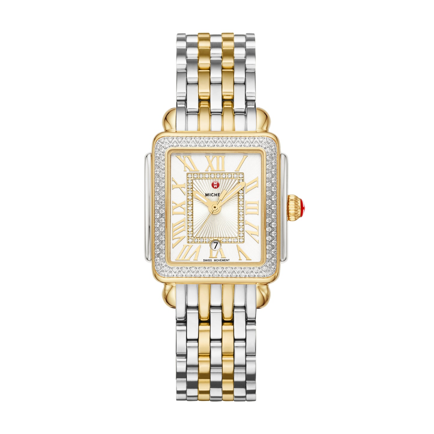 This two-tone Deco Madison Mid shines with 148 hand-set diamonds on the bezel and atop the silver white sunray dial. The two-tone bracelet is made specifically for the Deco Madison Mid collection and is interchangeable with any 16mm MICHELE strap.