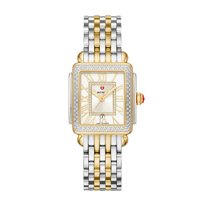 This two-tone Deco Madison Mid shines with 148 hand-set diamonds on the bezel and atop the silver white sunray dial. The two-tone bracelet is made specifically for the Deco Madison Mid collection and is interchangeable with any 16mm MICHELE strap.