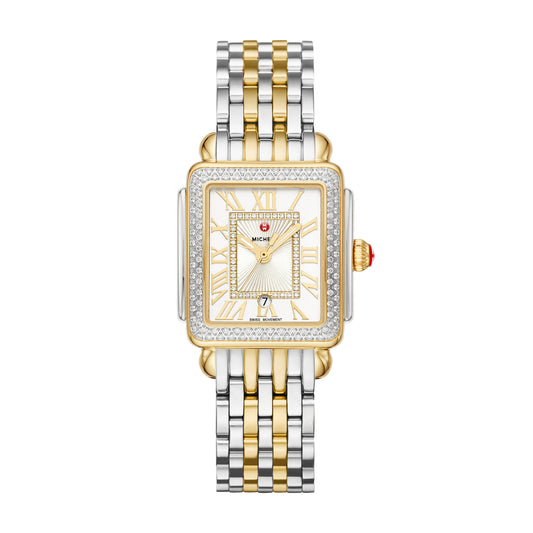 This two-tone Deco Madison Mid shines with 148 hand-set diamonds on the bezel and atop the silver white sunray dial. The two-tone bracelet is made specifically for the Deco Madison Mid collection and is interchangeable with any 16mm MICHELE strap.