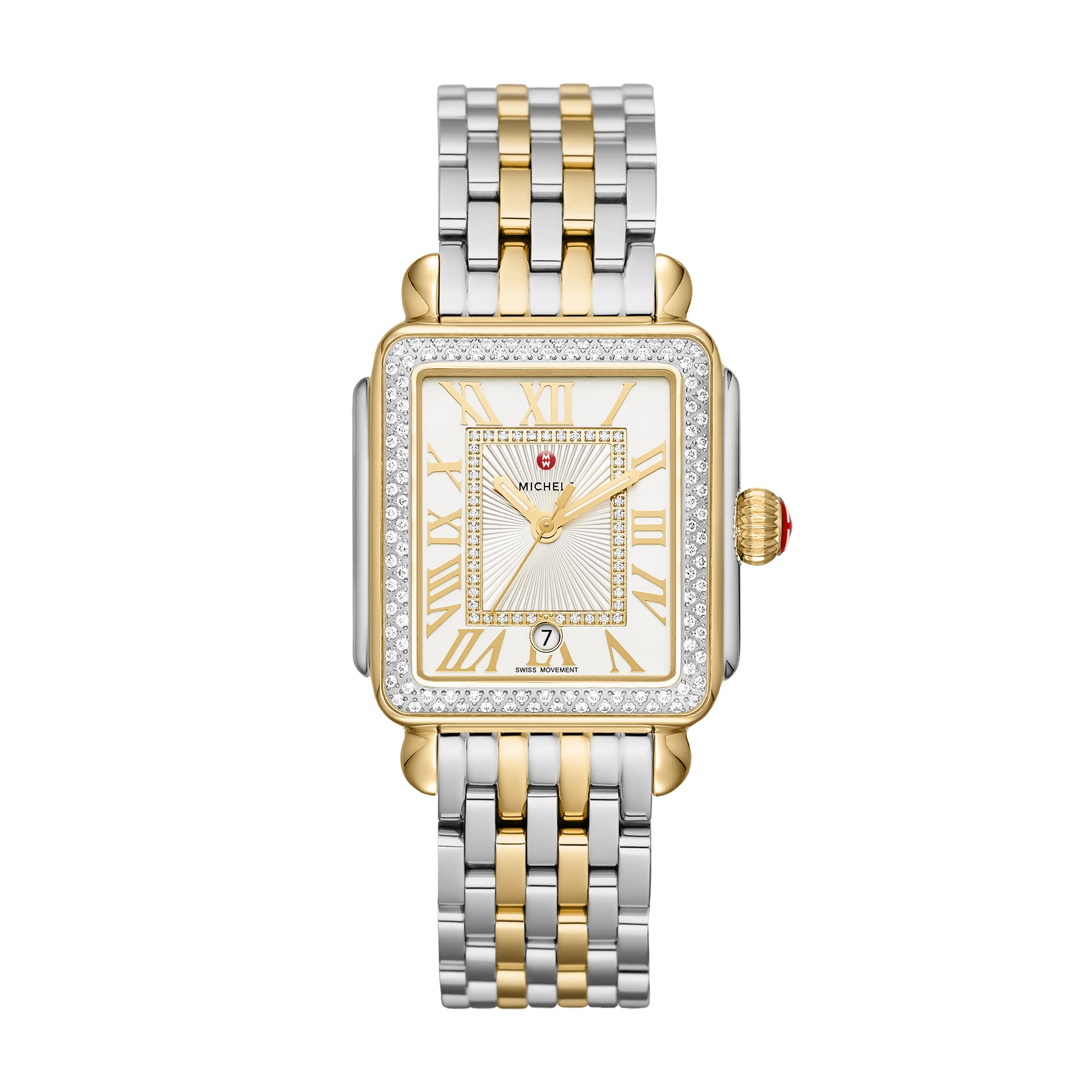 This two-tone Deco Madison offers a sleek take on the classic Deco with gold-plated Roman numeral indexes on the silver sunray dial and 155 diamonds covering the bezel and dial. The two-tone stainless and 18K gold bracelet is interchangeable with any 18mm MICHELE strap.