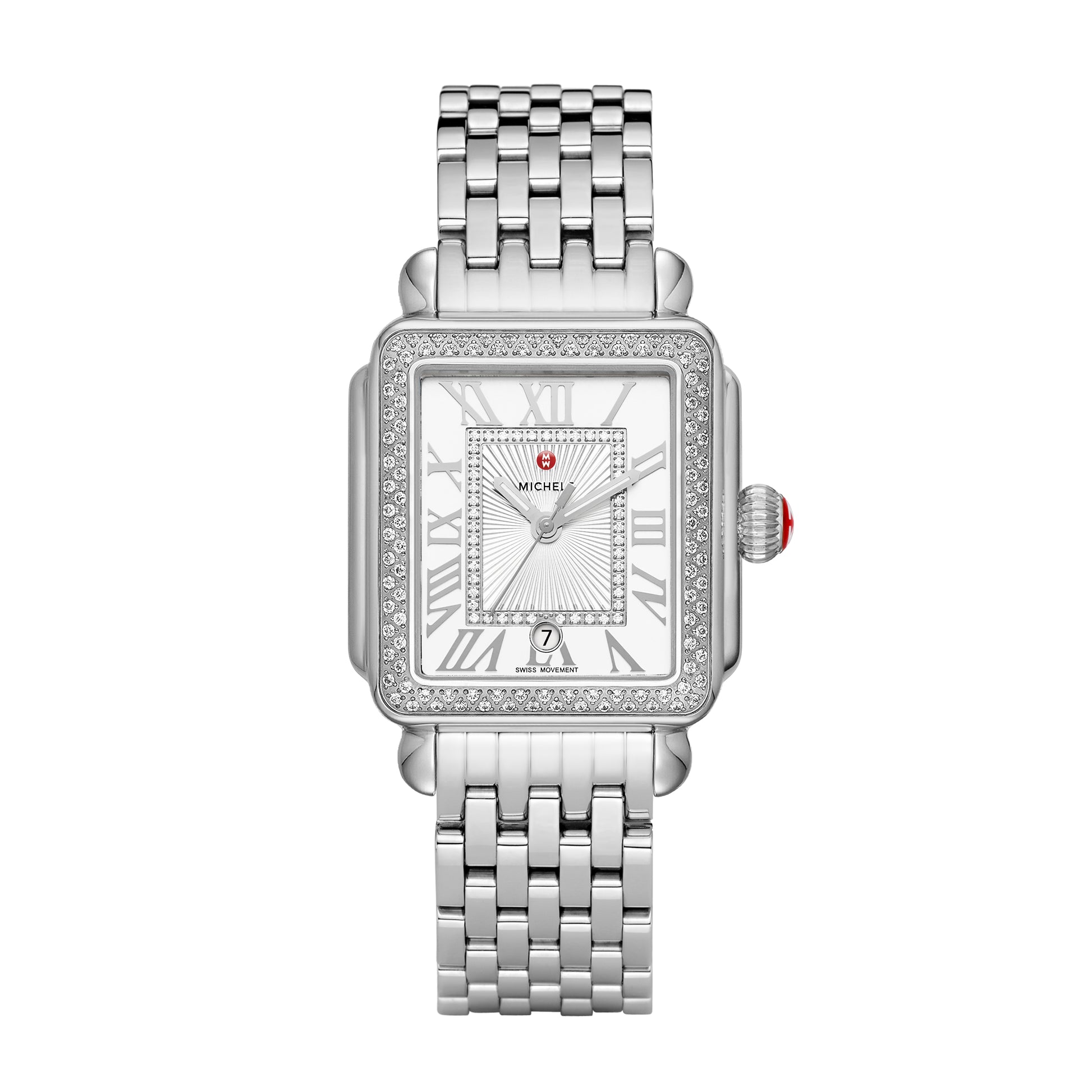 This stainless Deco Madison shines with 108 hand-set diamonds on the bezel and 47 atop the silver and white sunray dial. The stainless bracelet is interchangeable with any 18mm MICHELE strap.