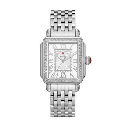 This stainless Deco Madison shines with 108 hand-set diamonds on the bezel and 47 atop the silver and white sunray dial. The stainless bracelet is interchangeable with any 18mm MICHELE strap.