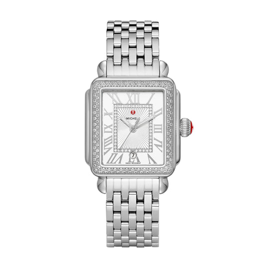 This stainless Deco Madison shines with 108 hand-set diamonds on the bezel and 47 atop the silver and white sunray dial. The stainless bracelet is interchangeable with any 18mm MICHELE strap.