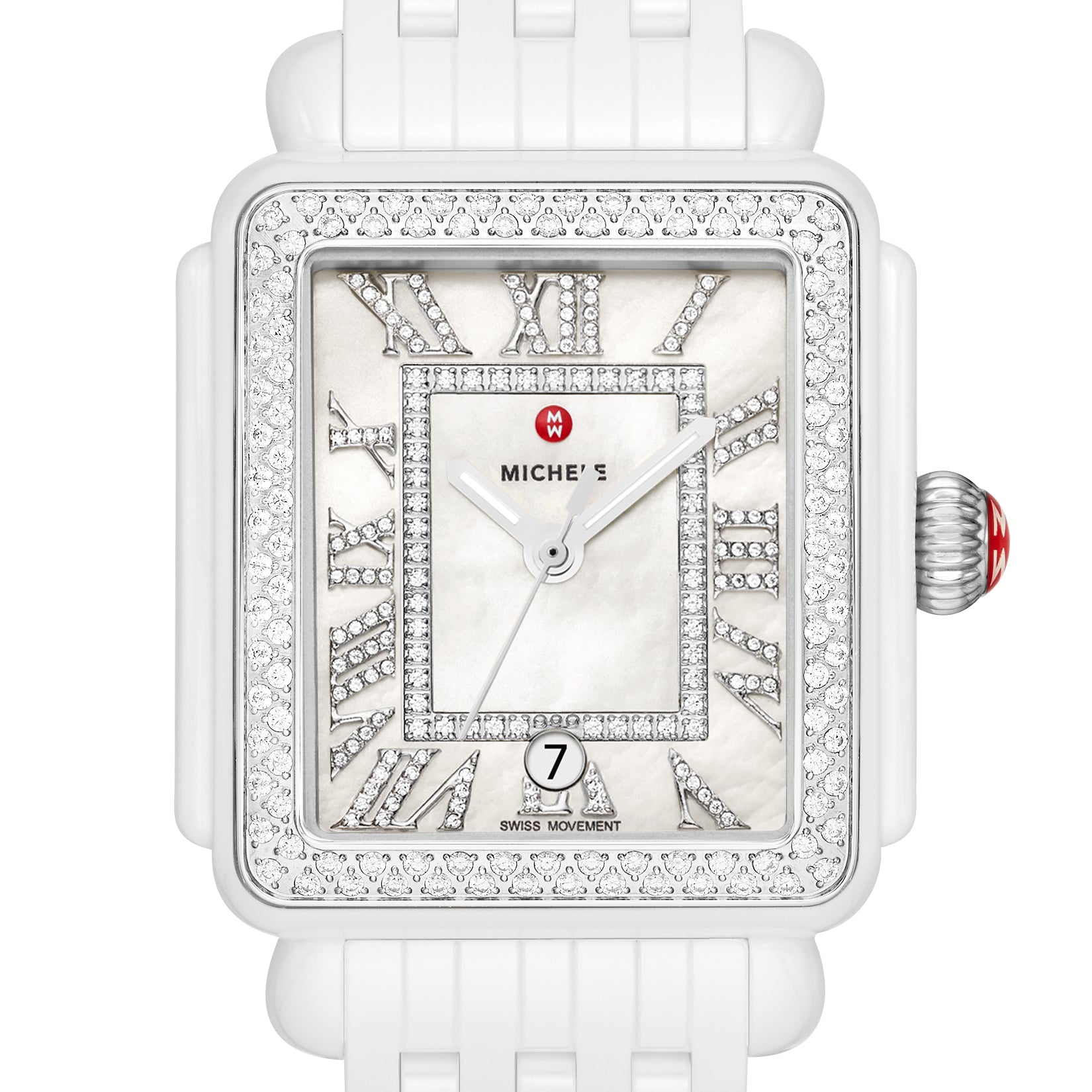 This Deco Madison watch shines with 263 hand-set diamonds (0.86 carat weight) along the bezel, white silver sunray dial with Roman numerals indexes and Swiss three-hand date movement. The seven-link ceramic bracelet is interchangeable with any 18mm MICHELE strap.