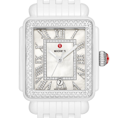 This Deco Madison watch shines with 263 hand-set diamonds (0.86 carat weight) along the bezel, white silver sunray dial with Roman numerals indexes and Swiss three-hand date movement. The seven-link ceramic bracelet is interchangeable with any 18mm MICHELE strap.