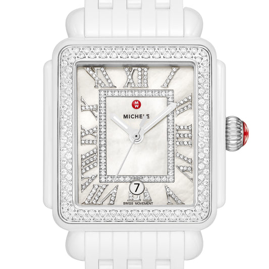 This Deco Madison watch shines with 263 hand-set diamonds (0.86 carat weight) along the bezel, white silver sunray dial with Roman numerals indexes and Swiss three-hand date movement. The seven-link ceramic bracelet is interchangeable with any 18mm MICHELE strap.