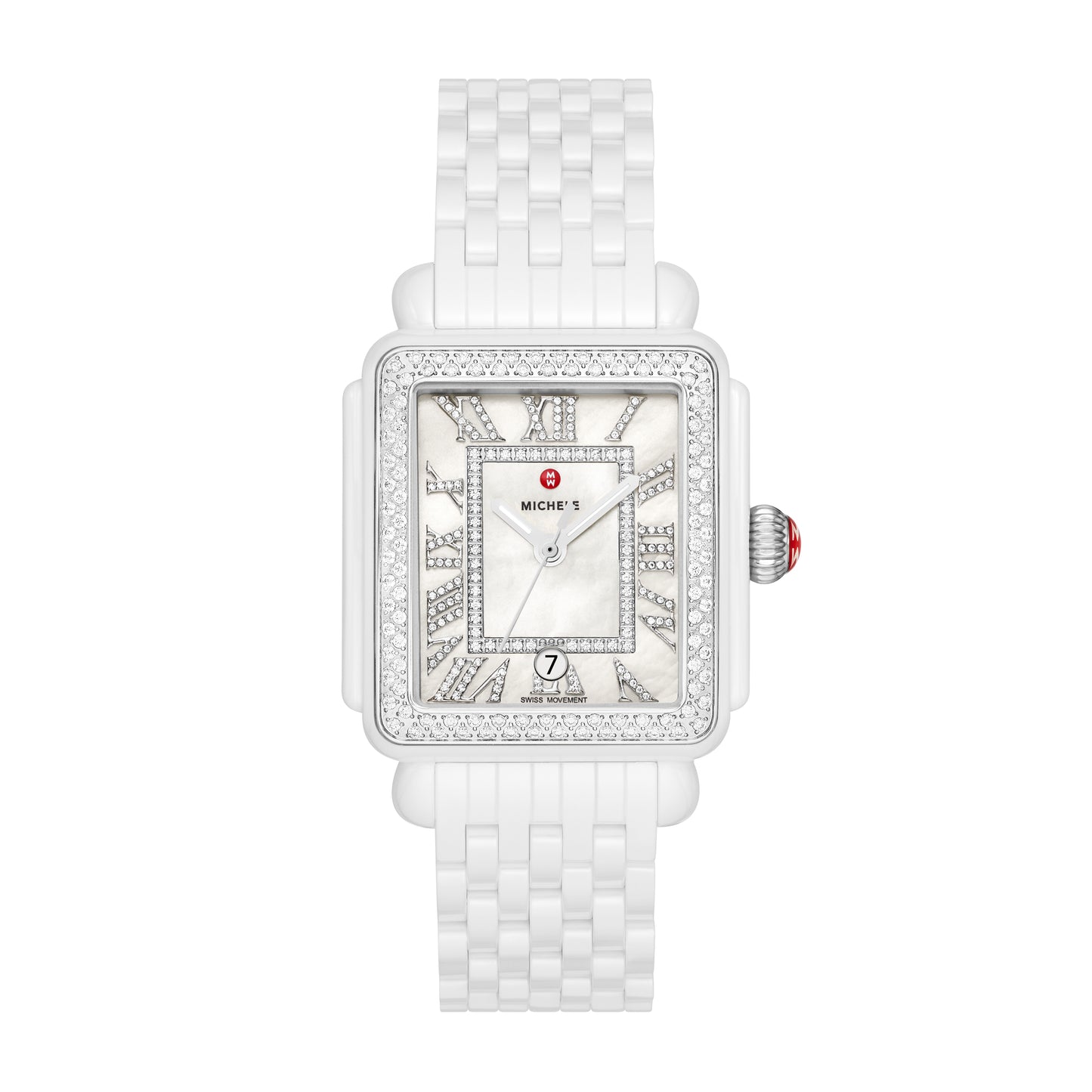 This Deco Madison watch shines with 263 hand-set diamonds (0.86 carat weight) along the bezel, white silver sunray dial with Roman numerals indexes and Swiss three-hand date movement. The seven-link ceramic bracelet is interchangeable with any 18mm MICHELE strap.
