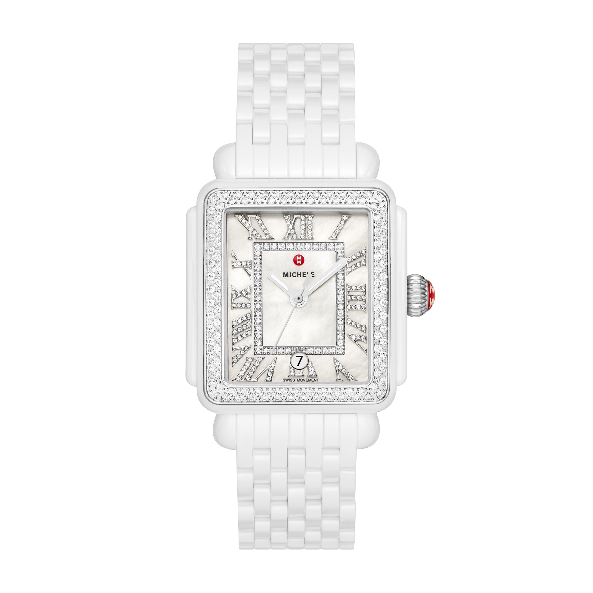 This Deco Madison watch shines with 263 hand-set diamonds (0.86 carat weight) along the bezel, white silver sunray dial with Roman numerals indexes and Swiss three-hand date movement. The seven-link ceramic bracelet is interchangeable with any 18mm MICHELE strap.