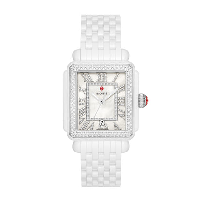 This Deco Madison watch shines with 263 hand-set diamonds (0.86 carat weight) along the bezel, white silver sunray dial with Roman numerals indexes and Swiss three-hand date movement. The seven-link ceramic bracelet is interchangeable with any 18mm MICHELE strap.