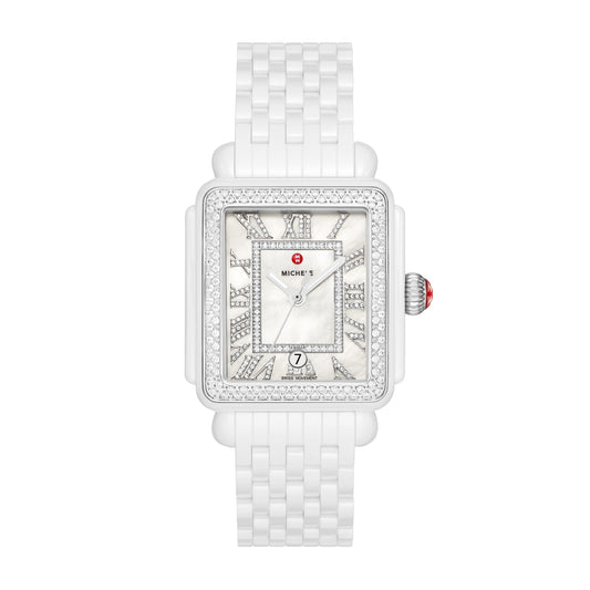This Deco Madison watch shines with 263 hand-set diamonds (0.86 carat weight) along the bezel, white silver sunray dial with Roman numerals indexes and Swiss three-hand date movement. The seven-link ceramic bracelet is interchangeable with any 18mm MICHELE strap.