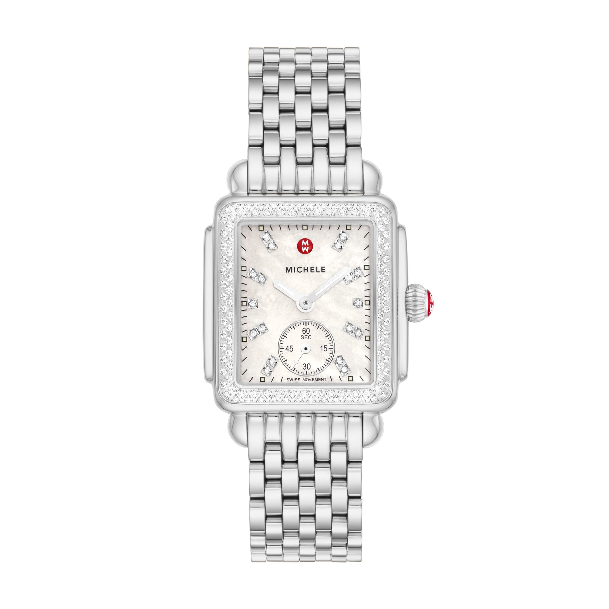 Inspired by the geometric shapes of Art Deco architecture, this stainless Deco Mid shines with 126 hand-set diamonds (0.57 carat weight) on the bezel and white mother-of-pearl dial adorned with double diamond hour markings. The signature MICHELE crown accents this stunning timepiece with a Swiss movement and the iconic seven-link stainless steel bracelet is interchangeable with any 16mm MICHELE strap.