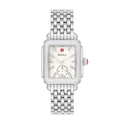 Inspired by the geometric shapes of Art Deco architecture, this stainless Deco Mid shines with 126 hand-set diamonds (0.57 carat weight) on the bezel and white mother-of-pearl dial adorned with double diamond hour markings. The signature MICHELE crown accents this stunning timepiece with a Swiss movement and the iconic seven-link stainless steel bracelet is interchangeable with any 16mm MICHELE strap.