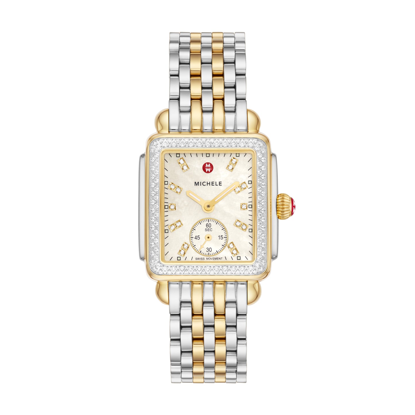 Inspired by the geometric shapes of Art Deco architecture, this two-tone Deco Mid shines with 126 hand-set diamonds (0.57 carat weight) on the bezel and atop the white mother-of-pearl dial adorned with double diamond hour markings. The signature MICHELE crown accents this stunning timepiece with a Swiss movement and the iconic seven-link two-tone stainless and 18K gold-plated bracelet is interchangeable with any 16mm MICHELE strap.