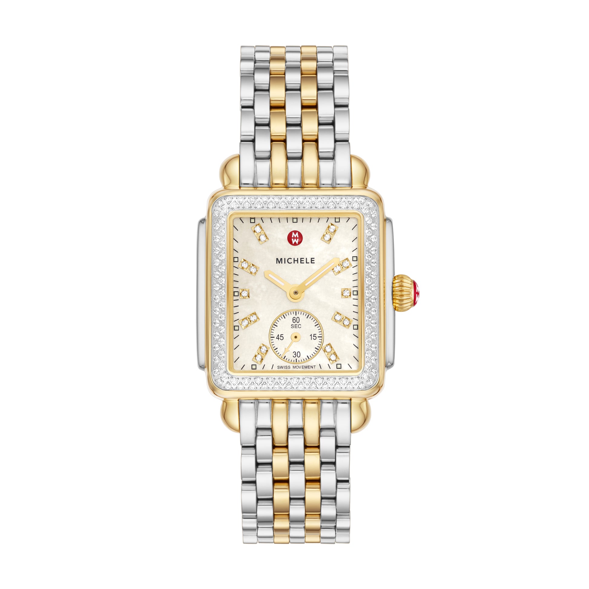 Inspired by the geometric shapes of Art Deco architecture, this two-tone Deco Mid shines with 126 hand-set diamonds (0.57 carat weight) on the bezel and atop the white mother-of-pearl dial adorned with double diamond hour markings. The signature MICHELE crown accents this stunning timepiece with a Swiss movement and the iconic seven-link two-tone stainless and 18K gold-plated bracelet is interchangeable with any 16mm MICHELE strap.