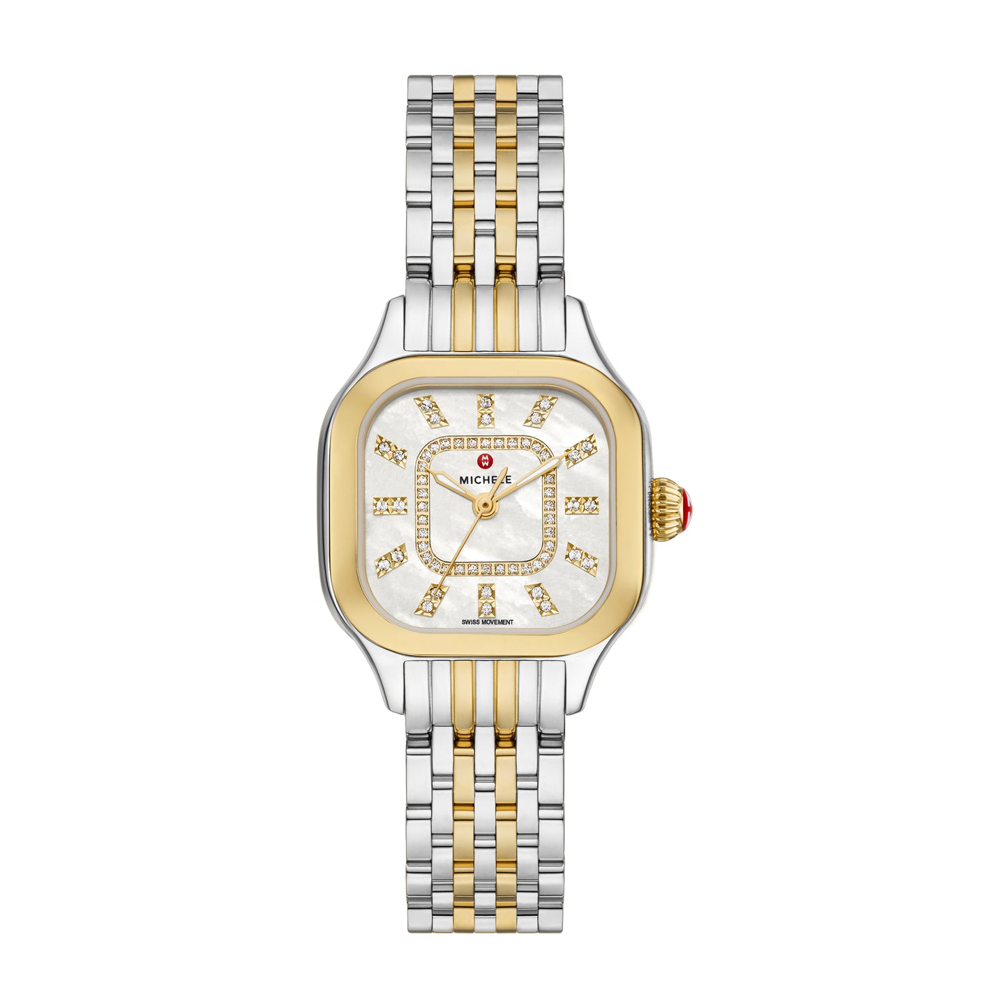 Elegant curves add modern elegance to the case of MICHELE's stunning Meggie watch that sparkles with 60 hand-set diamonds (0.19 carat weight) on the mother-of-pearl dial with diamond inner ring and double diamond indexes. This watch features a Swiss movement and a gleaming 14mm two-tone stainless and 18K gold-plated seven-link bracelet made specifically for the Meggie collection interchangeable with any 14mm MICHELE strap.