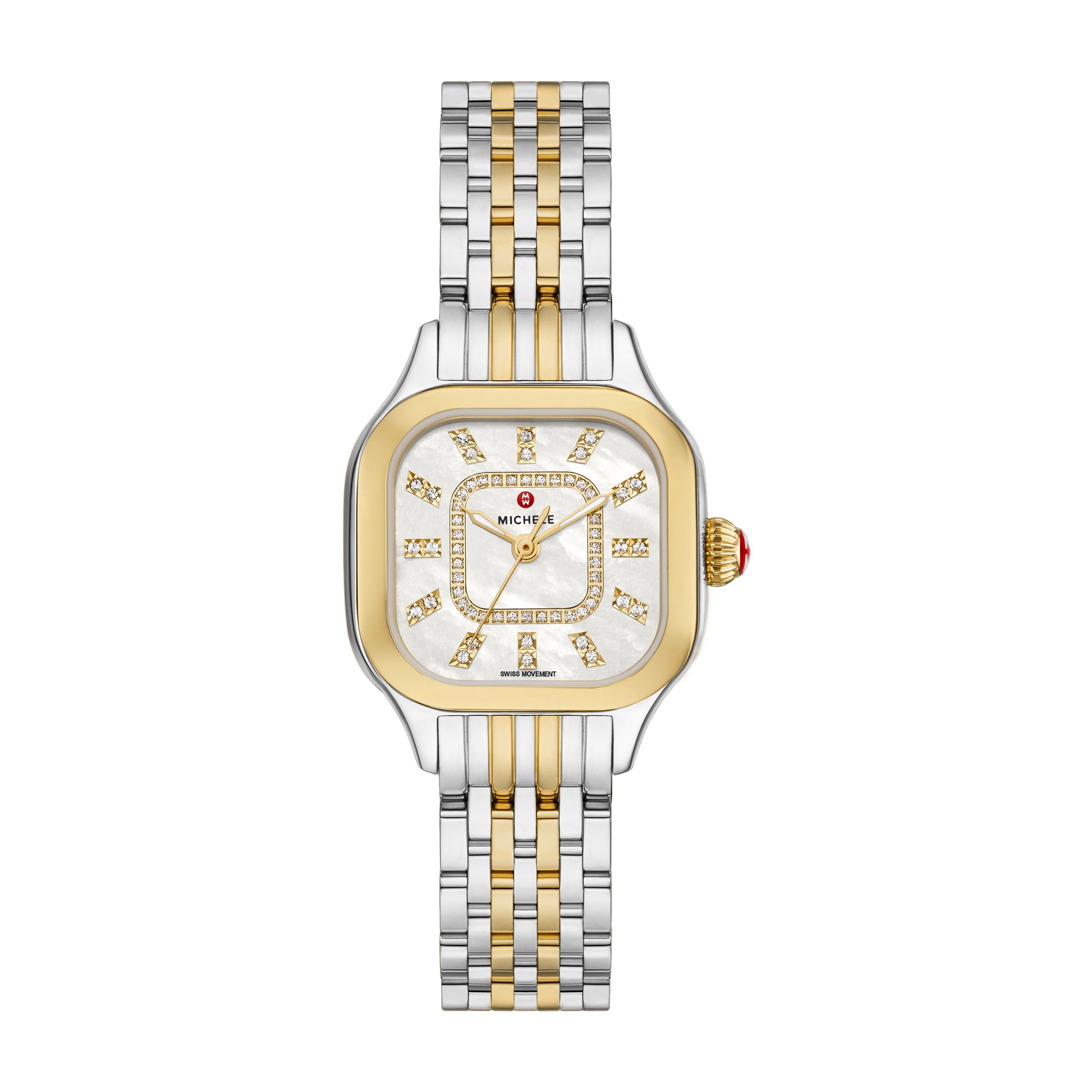 Elegant curves add modern elegance to the case of MICHELE's stunning Meggie watch that sparkles with 60 hand-set diamonds (0.19 carat weight) on the mother-of-pearl dial with diamond inner ring and double diamond indexes. This watch features a Swiss movement and a gleaming 14mm two-tone stainless and 18K gold-plated seven-link bracelet made specifically for the Meggie collection interchangeable with any 14mm MICHELE strap.