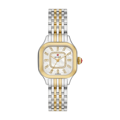 Elegant curves add modern elegance to the case of MICHELE's stunning Meggie watch that sparkles with 60 hand-set diamonds (0.19 carat weight) on the mother-of-pearl dial with diamond inner ring and double diamond indexes. This watch features a Swiss movement and a gleaming 14mm two-tone stainless and 18K gold-plated seven-link bracelet made specifically for the Meggie collection interchangeable with any 14mm MICHELE strap.