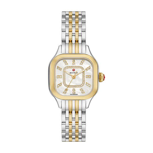 Elegant curves add modern elegance to the case of MICHELE's stunning Meggie watch that sparkles with 60 hand-set diamonds (0.19 carat weight) on the mother-of-pearl dial with diamond inner ring and double diamond indexes. This watch features a Swiss movement and a gleaming 14mm two-tone stainless and 18K gold-plated seven-link bracelet made specifically for the Meggie collection interchangeable with any 14mm MICHELE strap.