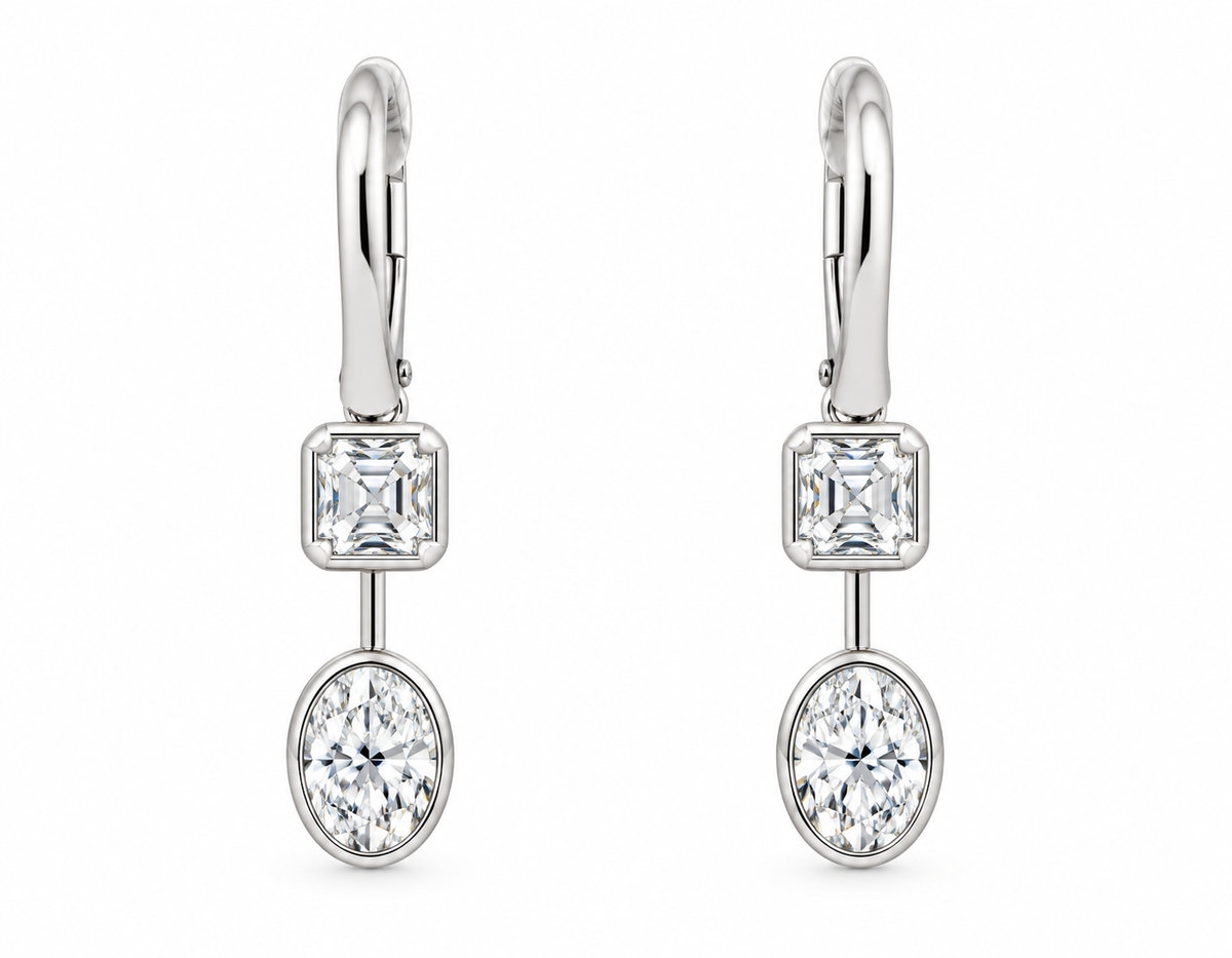 18KW ASSHER AND OVAL CUT DIAMOND DROP EARRINGS