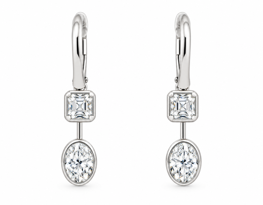18KW ASSHER AND OVAL CUT DIAMOND DROP EARRINGS