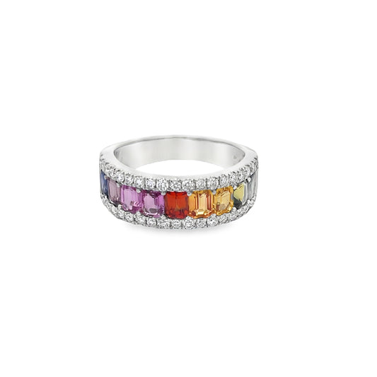 18KW MULTI COLOR SAPPHIRE AND DIAMOND RING