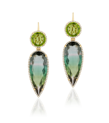GOSHWARA 18KY PERIDOT AND WATERMELON TOURMALINE DROP EARRINGS