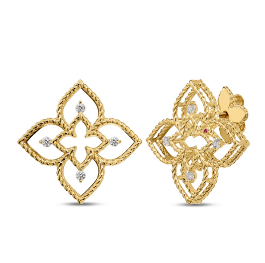 PRINCESS FLOWER OPEN FRAME DIAMOND STUD EARRINGS