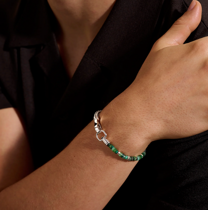 Heishi Chain Bracelet, Sterling Silver, Hardstones, Emeralds, 4MM