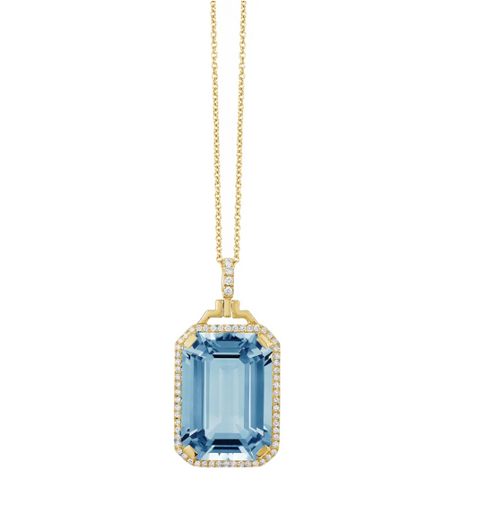 GOSHWARA 18KY BLUE TOPAZ EMERALD CUT HALO PENDANT