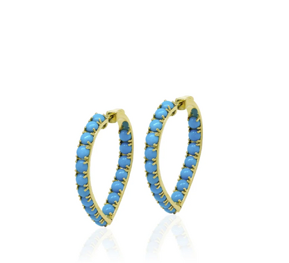 GOSHWARA 18KY TURQUOISE CABOCHON HEART HOOP EARRINGS