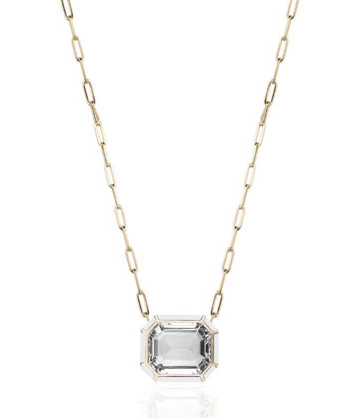 GOSHWARA 18KY ROCK CRYSTAL EMERALD CUT PENDANT WITH INLAY