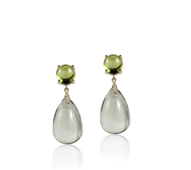 GOSHWARA 18KY PRASIOLITE WITH PERIDOT TEARDROP CABOCHON EARRINGS