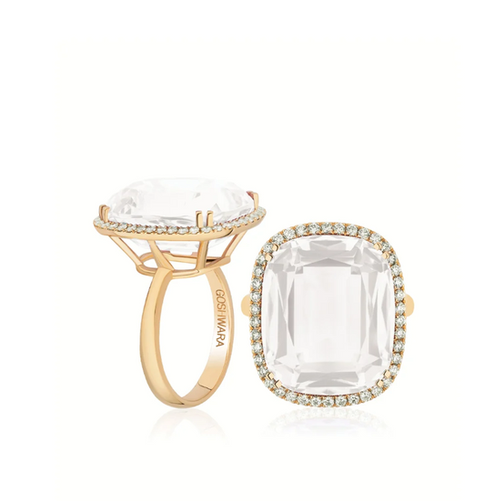 GOSHWARA 18KY MOON QUARTZ CUSHION COCKTAIL RING WITH DIAMONDS