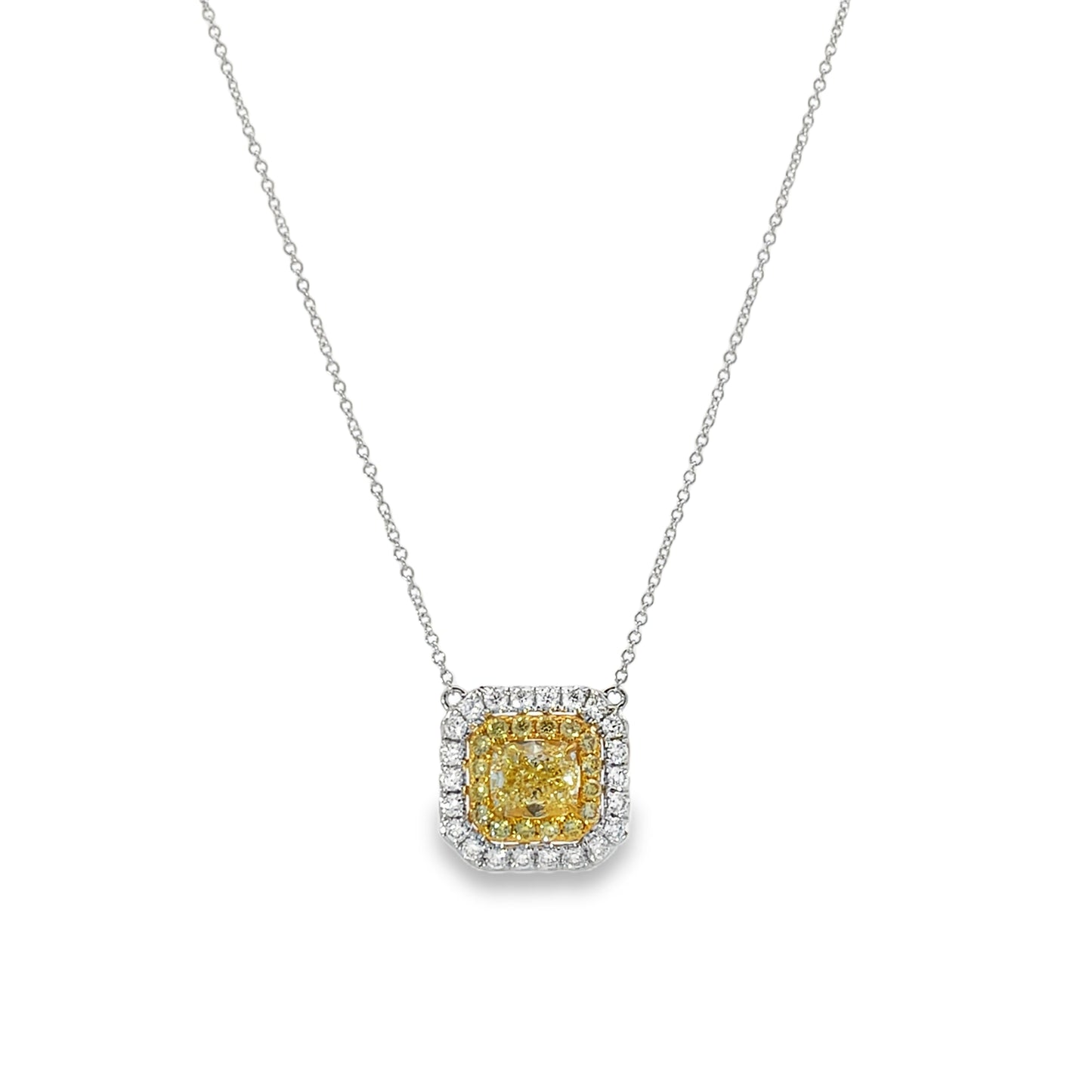 18KY WHITE AND YELLOW CUSHION CUT DIAMOND NECKLACE