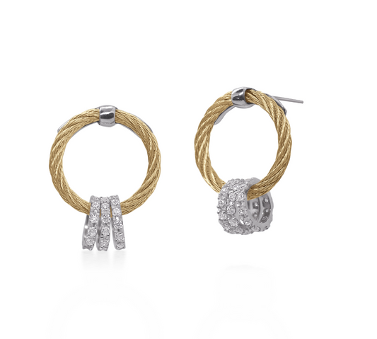 18KW & YELLOW CABLE DIAMOND CIRCLE SPINNING DROP EARRINGS