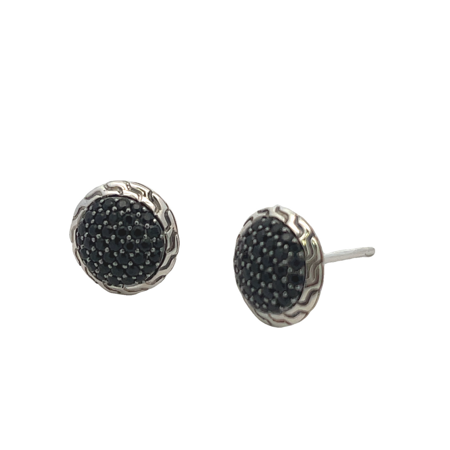 SS BLACK SAPPHIRE CARVED CHAIN STUD EARRINGS