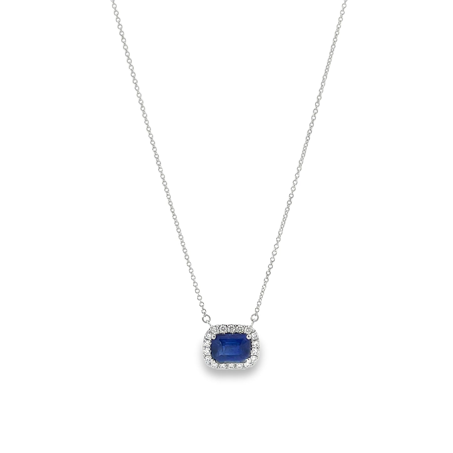 18KW EMERALD CUT BLUE SAPPHIRE NECKLACE WITH DIAMONDS