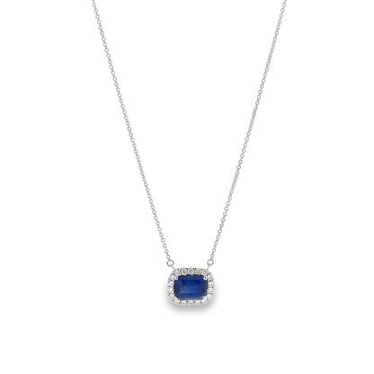 18KW EMERALD CUT BLUE SAPPHIRE NECKLACE WITH DIAMONDS