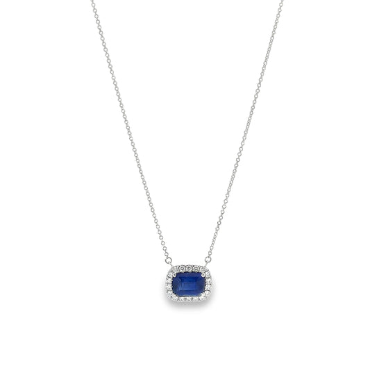 18KW EMERALD CUT BLUE SAPPHIRE NECKLACE WITH DIAMONDS