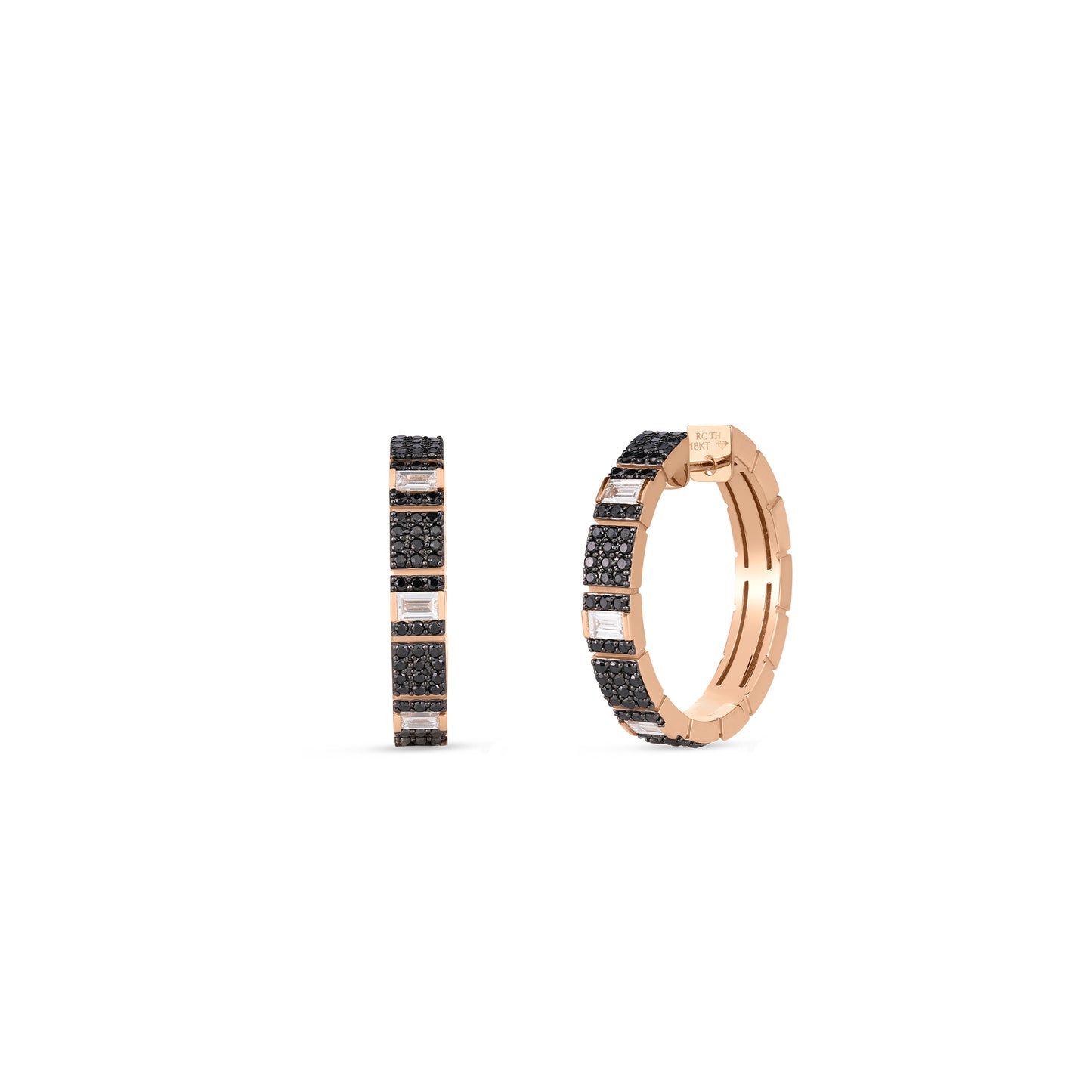 18KR OBELISCO WHITE & BLACK DIAMOND MEDIUM HOOPS