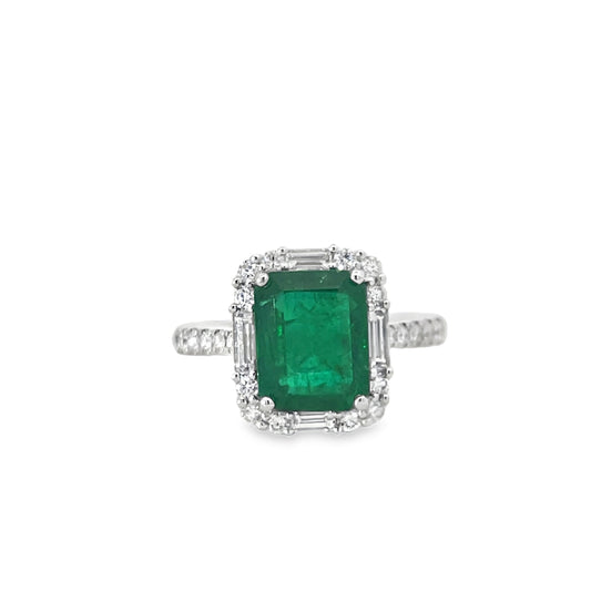 18KW EMERALD CUT EMERALD RING WITH MIXED SHAPE DIAMONDS