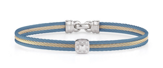 ALOR CARIBBEAN BLUE & YELLOW CABLE CLASSIC STACKABLE BRACELET WITH SINGLE SQUARE STATION SET IN 18KT GOLD    SIZE 8