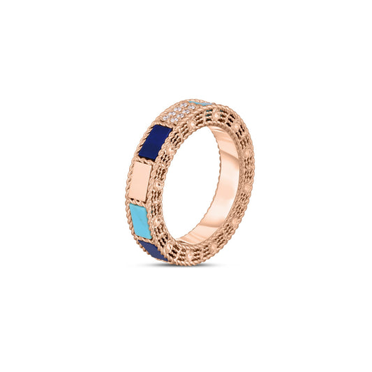18KR ART DECO MOSAIC ALTERNATING BLUE LAPIS, DIAMOND, AND TURQUOISE RING