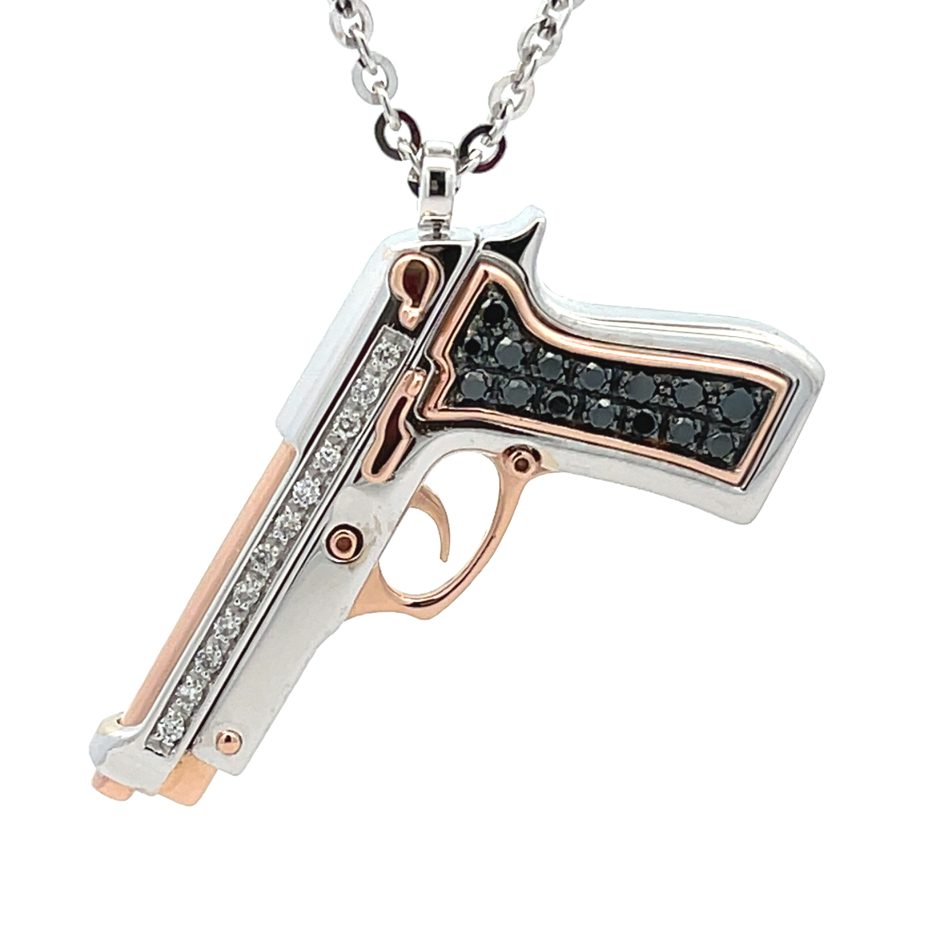 Zancan necklace with weapon pendant in 18kt rose and white gold with diamonds. This necklace is part of Limited Edition collection: a bold, high-end jewellery collection crafted with extreme delicacy. Extravagant, unique and striking, this collection features diamond-studded skulls, wild animals and weapons.
