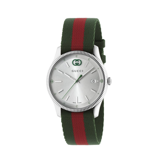 38MM SS G-TIMELESS SILVER DIAL GREN/RED ICONIC NYLON STRAP