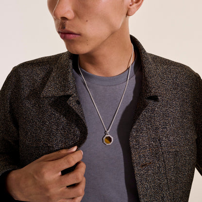 MENS SILVER & TIGER EYE TAG NECKLACE
