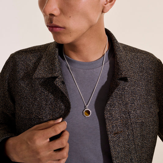MENS SILVER & TIGER EYE TAG NECKLACE