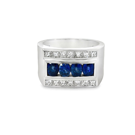 18KW MENS DIAMOND AND OVAL SAPPHIRE RING