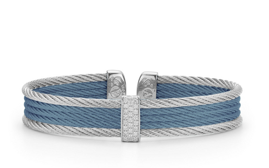 CARIBBEAN BLUE & GREY STIPED CABLE WITH 18KW DIAMOND BAR CUFF
