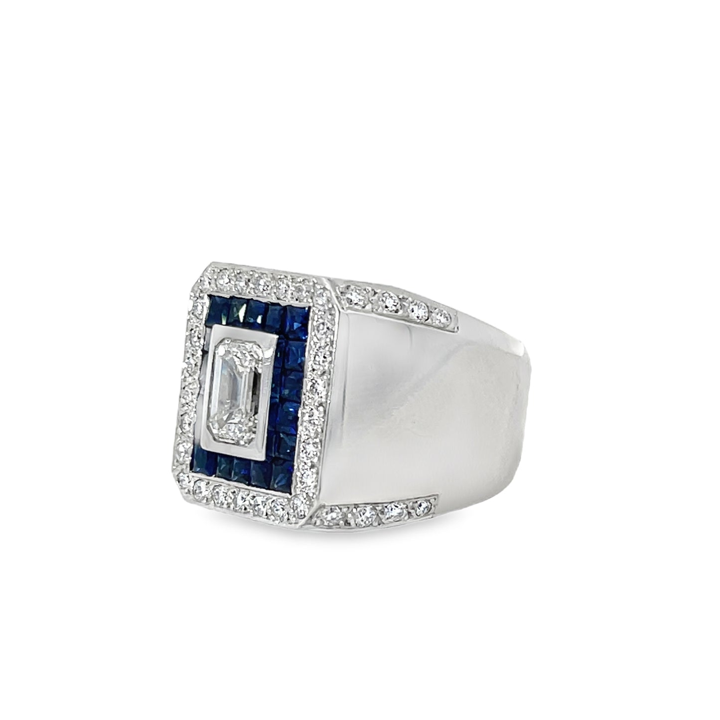 18KW MENS DIAMOND AND SAPPHIRE SIGNET RING